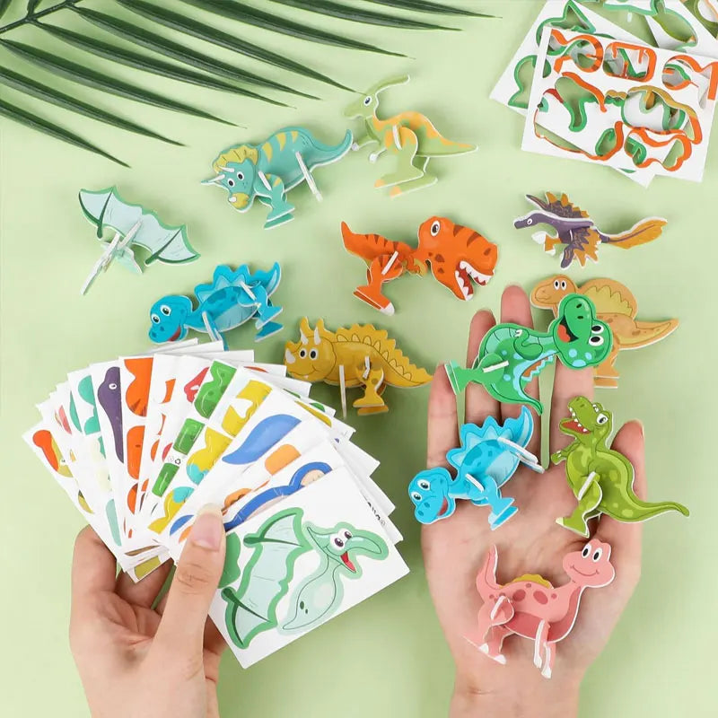A hand holds a colorful 3D animal foam puzzle set featuring various dinosaur and jungle creatures on a light green background