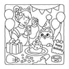 A drawing of a smiling girl with a cat ears headband taking a photo, surrounded by balloons and a birthday cake.