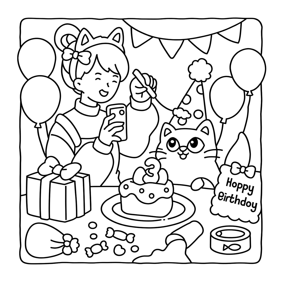 A drawing of a smiling girl with a cat ears headband taking a photo, surrounded by balloons and a birthday cake.