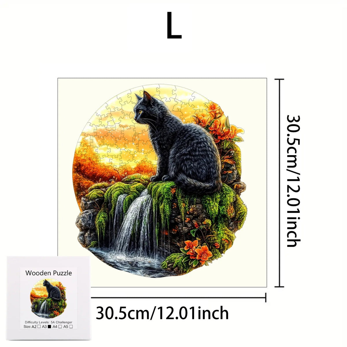 A wooden jigsaw puzzle depicting a black cat sitting on a mossy rock with autumn foliage.