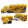 A yellow and blue Dinoco toy hauler truck with a yellow DinoCo car on the trailer.