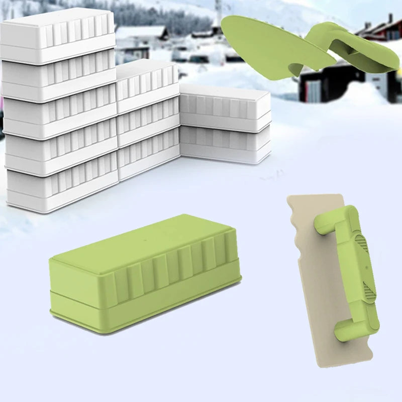 A green sand and snow building play set with shovel and brick molds is shown on a white surface.