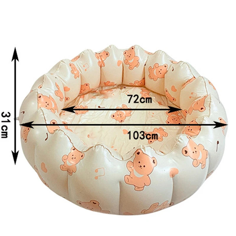 A round inflatable toddler pool designed for outdoor water and sand play, showing its dimensions.