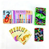 Collection de cartes Dnup colorées avec chiffres et symboles, y compris une pile de cartes et une carte seule.