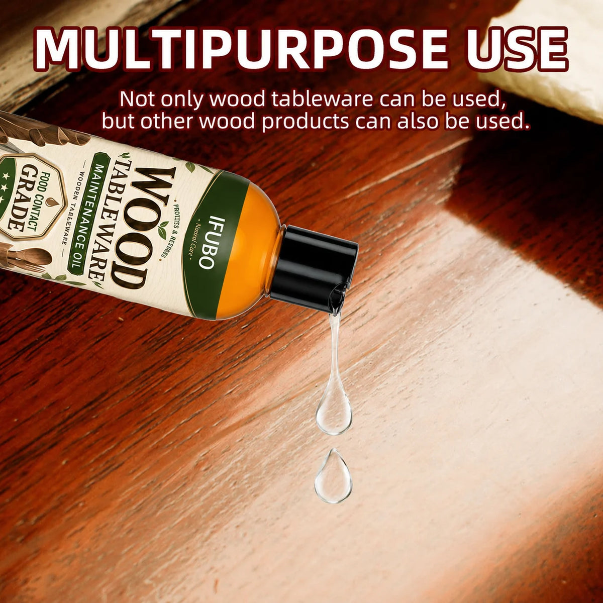A bottle of IBUBO wood wax oil is shown dripping onto a wooden surface for multipurpose use.