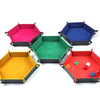 Four hexagonal folding PU leather dice trays in pink, blue, green, and red.