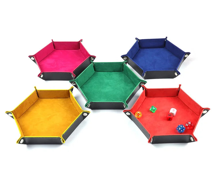 Four hexagonal folding PU leather dice trays in pink, blue, green, and red.