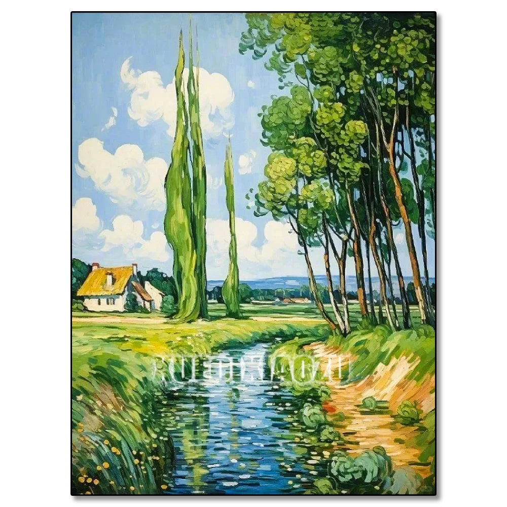 A painting depicting a green landscape with tall cypress trees and a reflective stream under a blue sky.