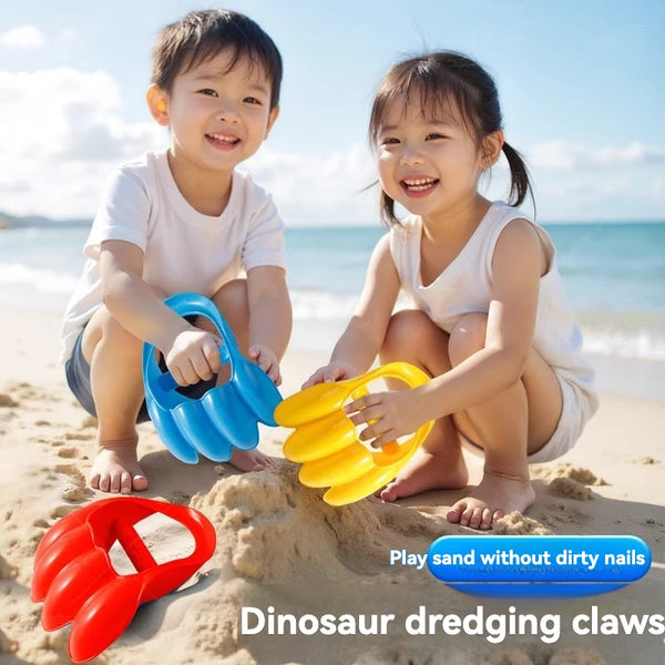 Two children are playing with colorful dinosaur dredging claws in the sand.