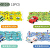 A set of four DIY electric railroad car building kits for kids, including a green train, a red train, a blue ship, and a whit
