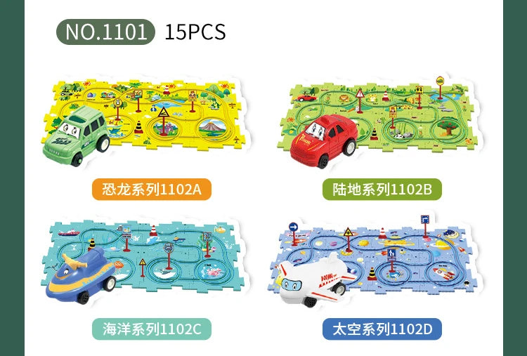 A set of four DIY electric railroad car building kits for kids, including a green train, a red train, a blue ship, and a whit