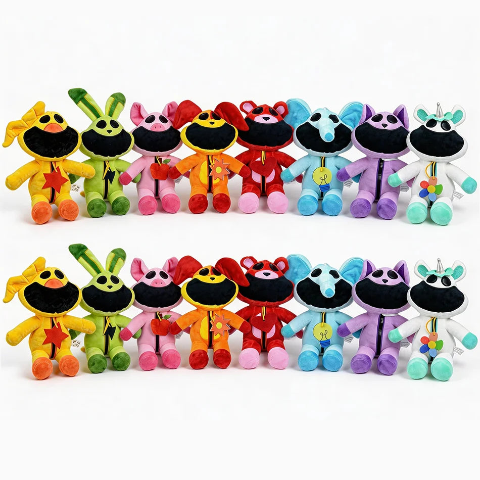 A collection of colorful CatNap plush dolls featuring various facial expressions and colors.