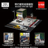 1/64 scale LED diorama of a miniature car garage with a parking lot and storefronts