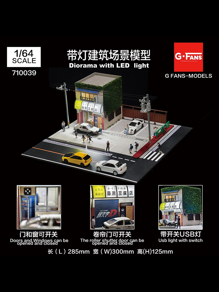 1/64 scale LED diorama of a miniature car garage with a parking lot and storefronts