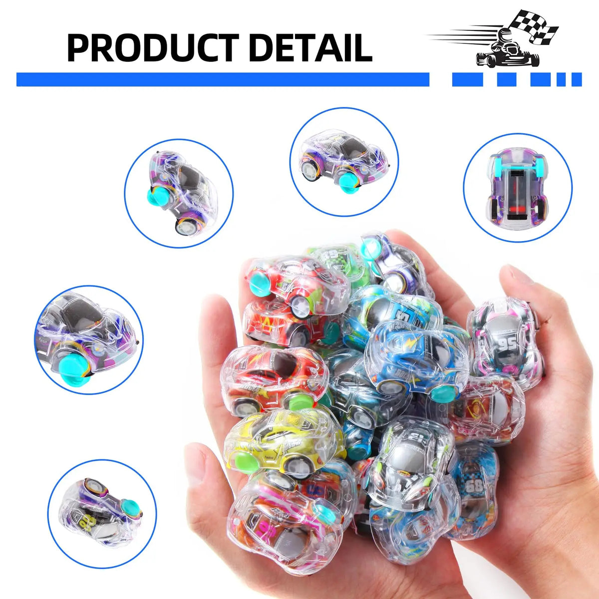 A hand holds a collection of colorful mini pull-back race cars for kids