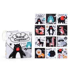 A set of animal cognition cards featuring various animals like a cat, owl, elephant, and bear for early learning.