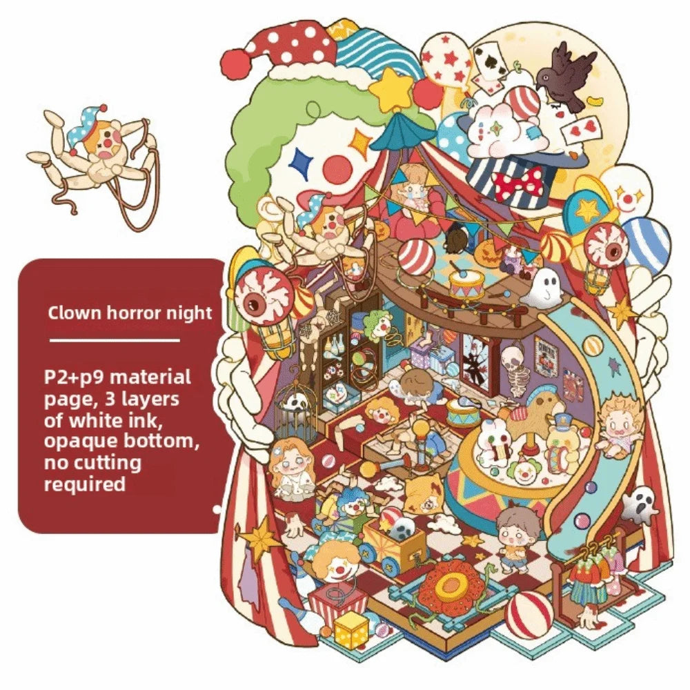 A colorful illustration featuring a clown horror night theme with various characters and objects.