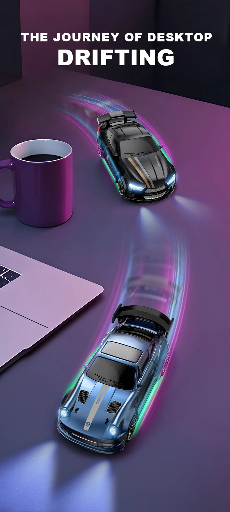 A blue 1:64 scale drift RC car model is shown in motion on a purple surface with a purple mug and a laptop nearby.