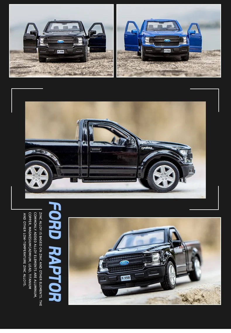 A collection of Ford Raptor diecast models in black and blue, showing various angles and details.