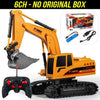 A yellow 1:24 scale remote control excavator with a black track and detailed components.