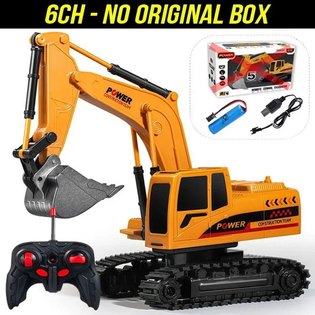 A yellow 1:24 scale remote control excavator with a black track and detailed components.
