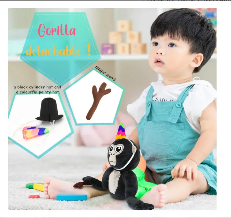 A child is playing with a black cylinder hat and a brown hand accessory, demonstrating the Gorilla Tag detachable toy.