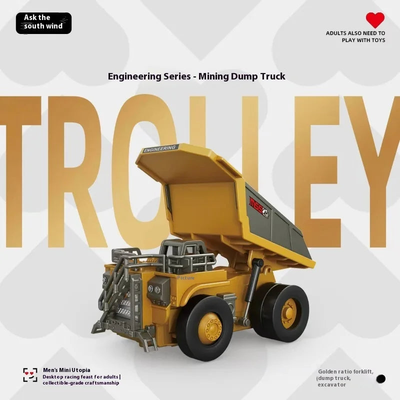 A yellow engineering series mining dump truck model is shown on a gray background.