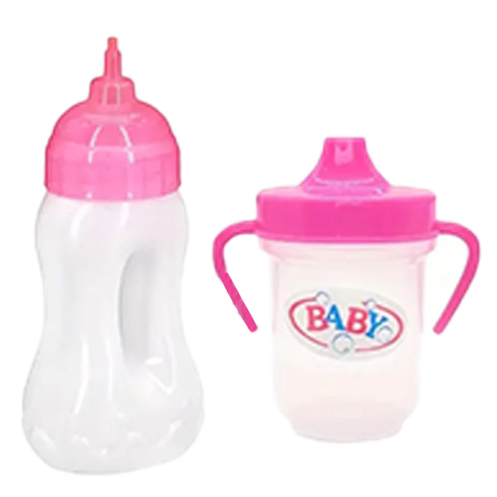A clear baby bottle with a pink nipple and cap, designed as a feeding accessory for dolls.