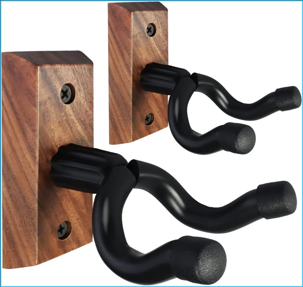 A dark wood wall mount hanger with a black curved hook for securing musical instruments.