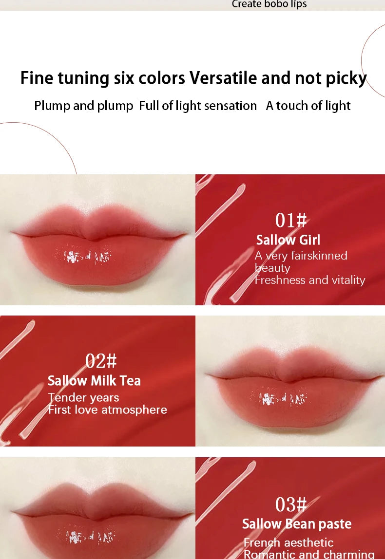 Close-up of six shades of lip glaze featuring colors like Sallow Girl, Sallow Milk Tea, and Sallow Bean paste.