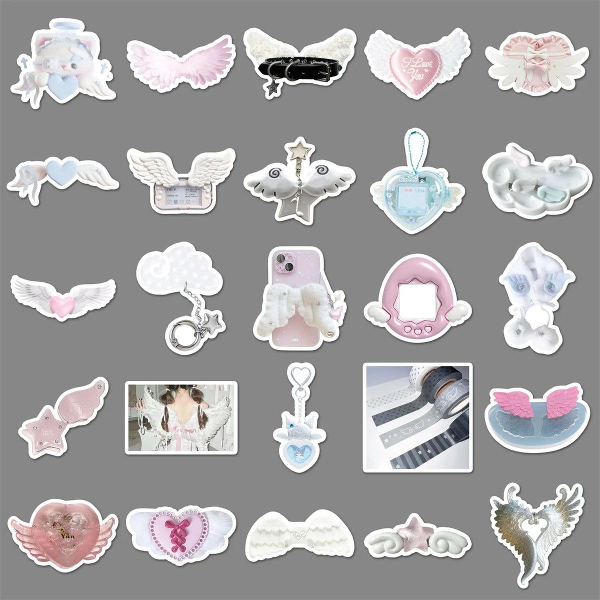 A collection of decorative wing stickers in various colors and styles for mobile phones