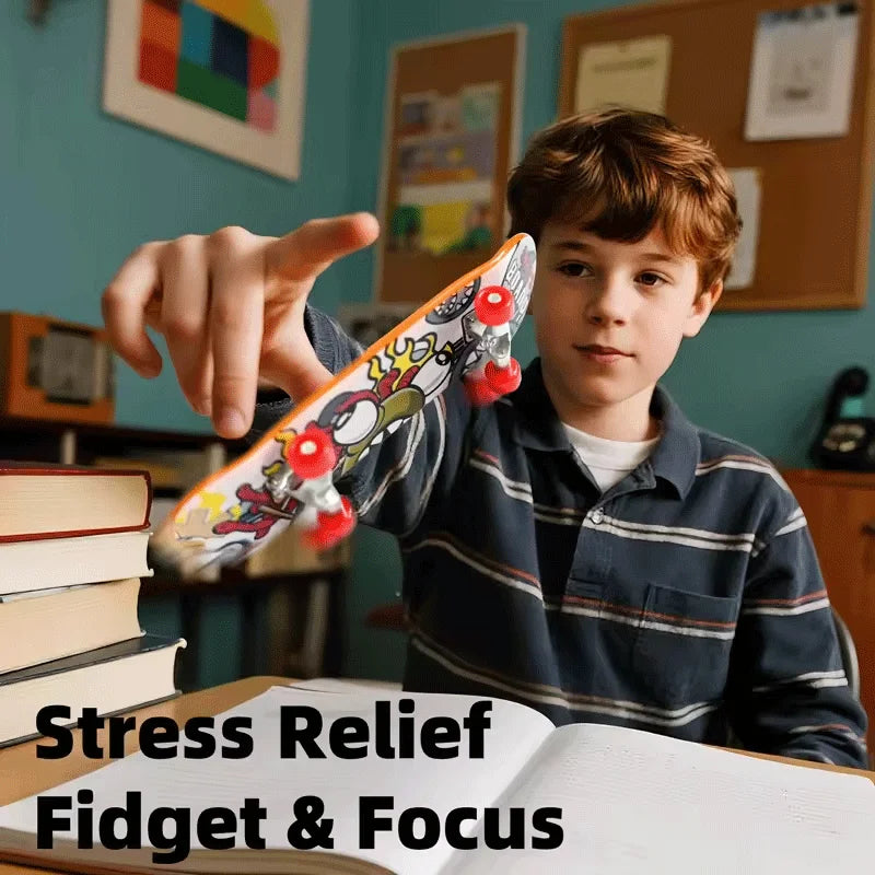 A young boy points toward a mini finger skateboard, demonstrating its use for trick practice and coordination.