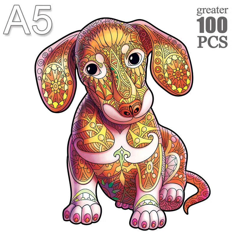 A detailed illustration of a puppy dog in an intricate, colorful mandala style.