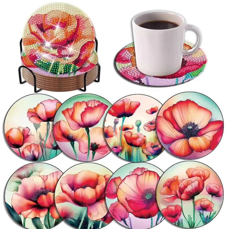 DIY Diamond Painting Coaster Kit with Holder – 8 Floral Resin Coasters