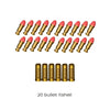 A row of 20 brass bullet shells for a dart blaster.