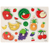 A wooden puzzle featuring various colorful fruits and vegetables like strawberries, watermelon, apples, bananas, and pineappl