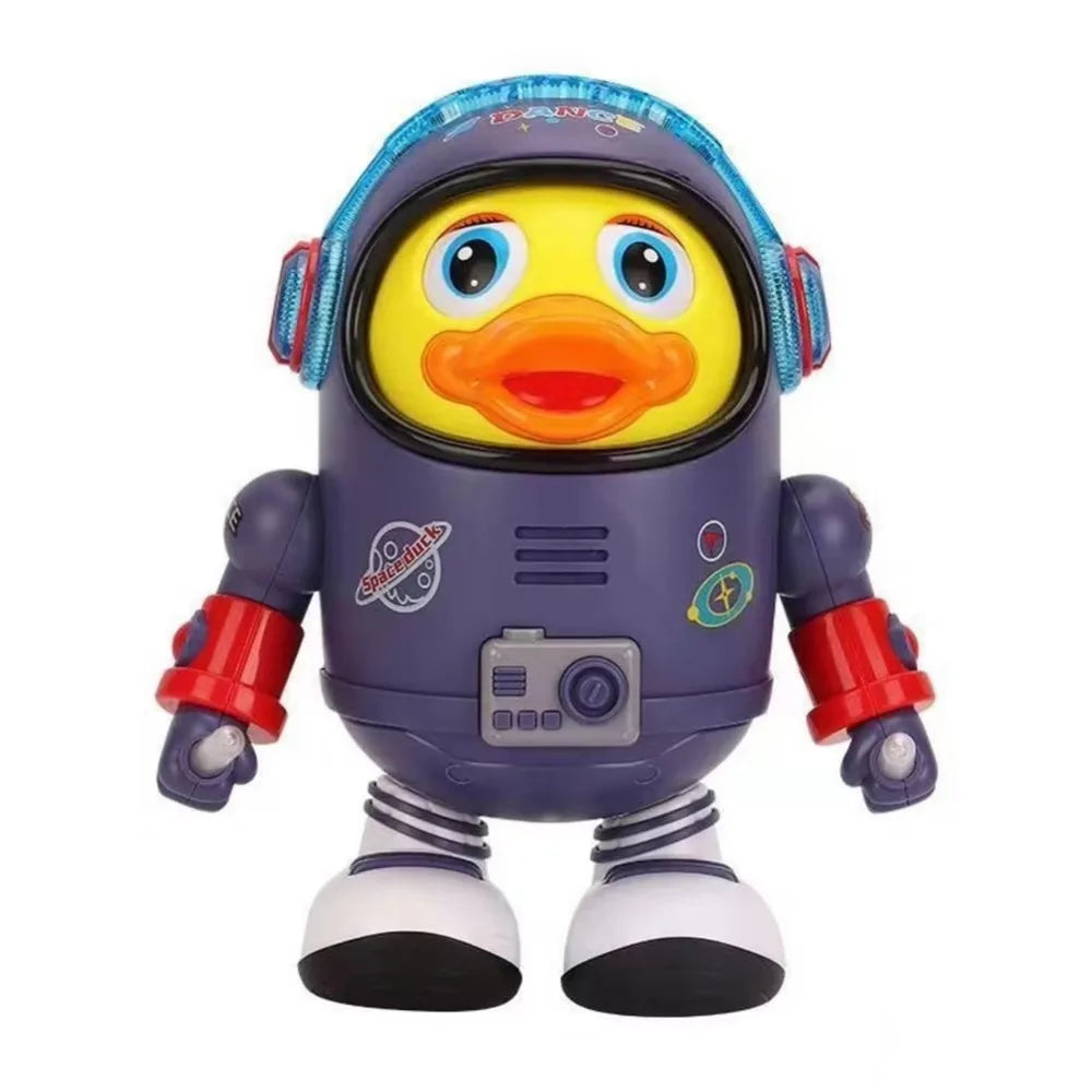 An interactive dancing space duck toy with a yellow head and purple body.