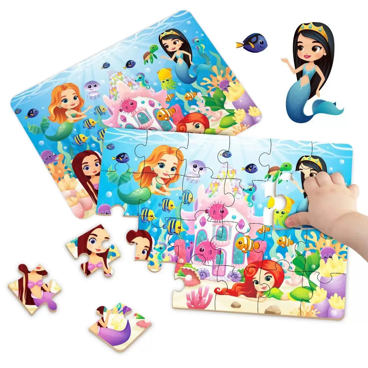 A colorful jigsaw puzzle featuring cartoon animals and sea creatures for children's learning.