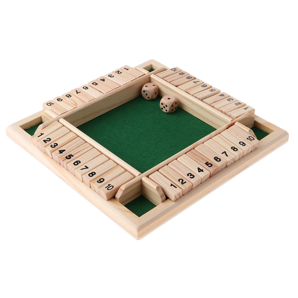 A wooden game board for a four-player dice game with numbered wooden blocks and dice inside.