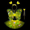 A glowing LED butterfly costume set for girls featuring wings, a skirt, and a wand.