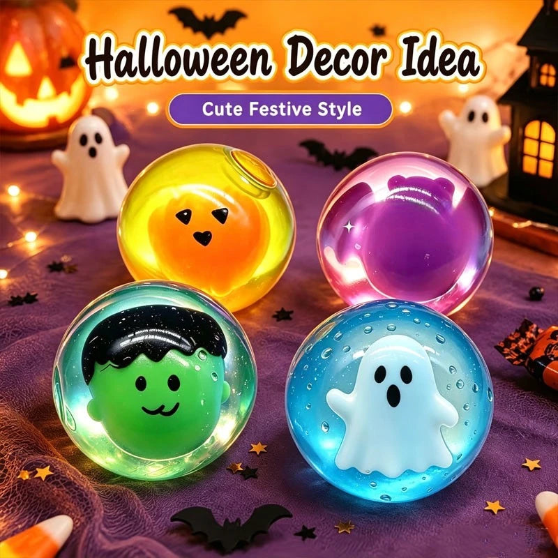A collection of glowing Halloween decor ideas including pumpkin and ghost themed squishy toys