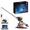 A box set of fishing rod building blocks and a fishing reel with instructions shown next to the assembled product.