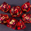 A set of seven red resin polyhedral dice, including a d10 and d12, resting on a dark surface.