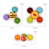 A set of three colorful baby bath toys with suction cups and spinners, including a bee, a dinosaur, and a sun.