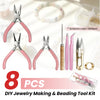 An assortment of 8 DIY jewelry making and beading tools including pliers, nippers, and cutters in various colors.