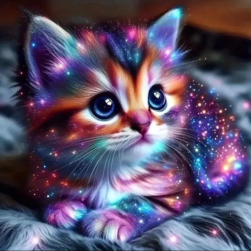 A fluffy kitten with iridescent, sparkling fur is looking directly at the viewer.