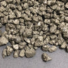 A pile of metallic gold natural crystal chips consisting of chalcopyrite and pyrite minerals.