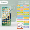 Téléphone éducatif interactif vert pour enfants avec diverses fonctions affichées sur l'écran.