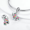 A silver heart charm bead featuring a pink zircon and an angel design attached to a sterling silver chain.