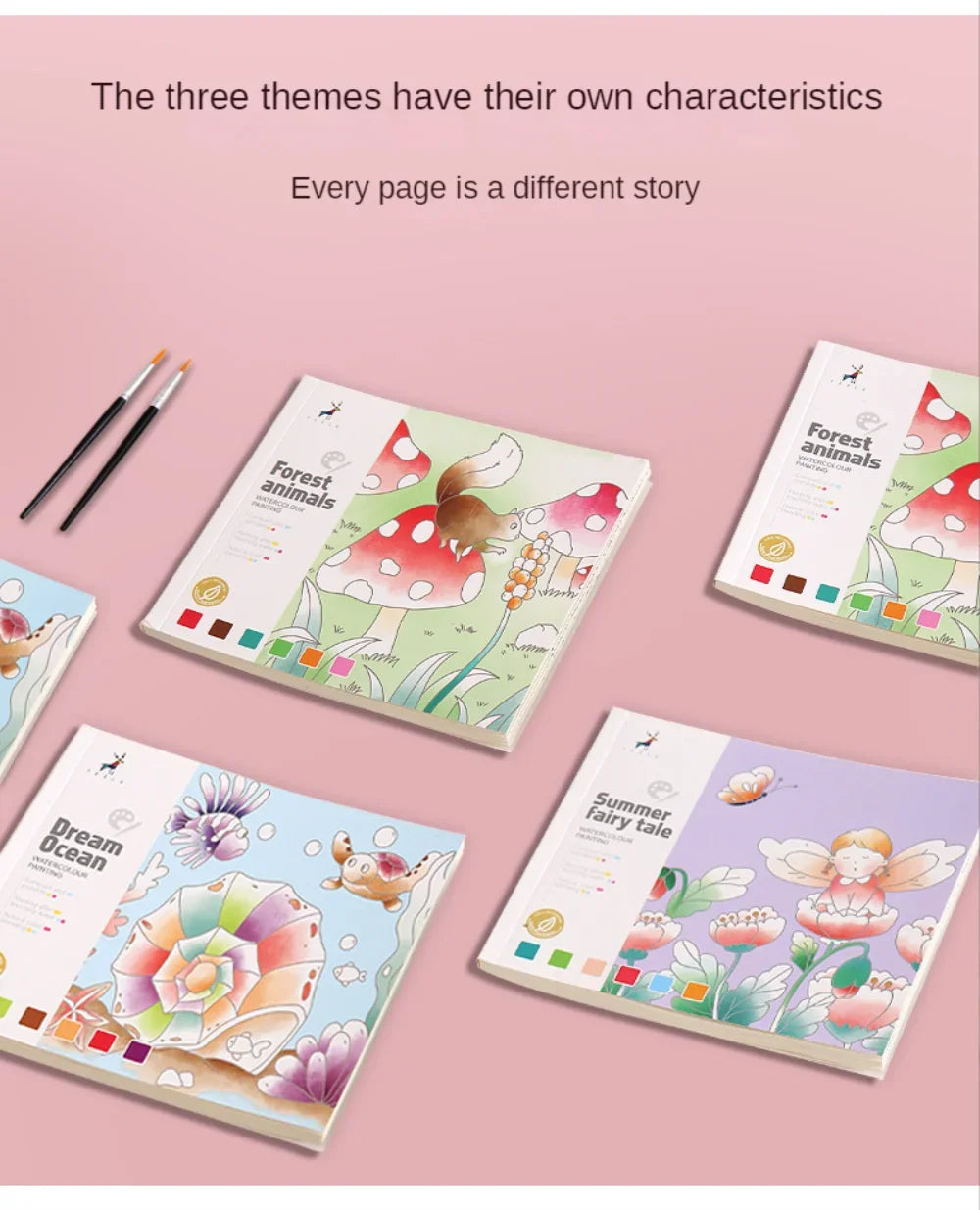 A collection of watercolor painting books featuring three themes: forest animals, a dream ocean, and a summer fairy tale.